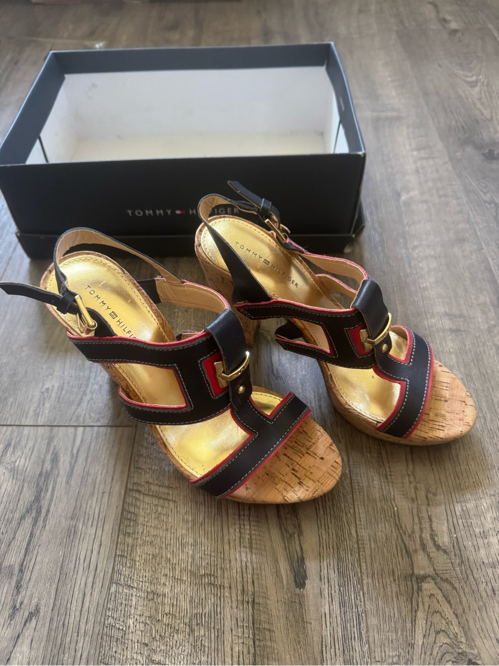 Tommy Hilfiger Black and Red Cork Wedge Sandals with Gold Hardware
